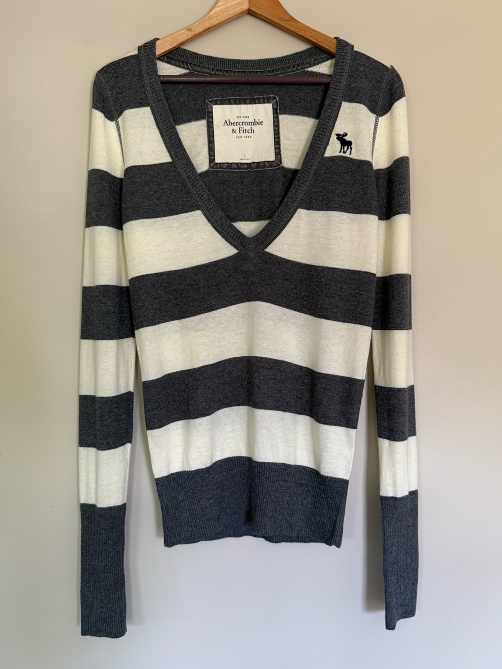 Y2K Abercrombie & Fitch VTG Womens Stripe Sweater Moose Logo Cotton Blend Sz L